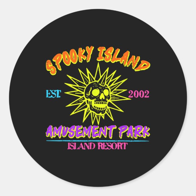 Adesivo Redondo Happy Halloween Spooky Island Est 2002 Amusement P (Frente)