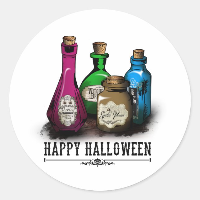Adesivo Redondo Happy Halloween! Witch Potion Bottles (Frente)