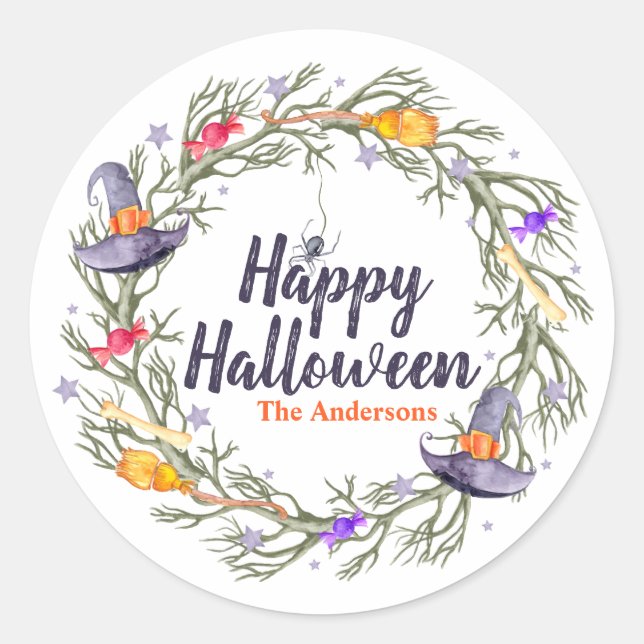 Adesivo Redondo Happy Halloween Wreath Personalizada | Vedante (Frente)