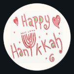 Adesivo Redondo Happy Hannukah<br><div class="desc">Esta design feliz Hannukah, fantasiosa, apresenta uma menorah no lugar do U na palavra, Hannukah. Esta ortografia tornou-se a ortografia mais aceitável em inglês, então mesmo que você escreva isso Hanuka ou Chanukah, você não pode errar com esta. A cor vermelha a torna alegre e o fundo da cama a...</div>