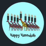 Adesivo Redondo Happy Hannukah Stickers<br><div class="desc">Ilustração gráfica de Hannukah menorah colorida com girafas design de arte animal. Envie uma mensagem aos amigos e à família neste feriado.</div>