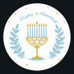 Adesivo Redondo Happy Hanukkah Sticker<br><div class="desc">Um bonito design Hanukkah com uma bonito menorah e vinhas em azul pastel e ouro.</div>