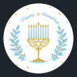 Adesivo Redondo Happy Hanukkah Sticker<br><div class="desc">Um bonito design Hanukkah com uma bonito menorah e vinhas em azul pastel e ouro.</div>