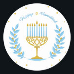 Adesivo Redondo Happy Hanukkah Sticker<br><div class="desc">Um bonito design Hanukkah com uma bonito menorah e vinhas em azul pastel e ouro.</div>