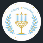 Adesivo Redondo Happy Hanukkah Sticker<br><div class="desc">Um bonito design Hanukkah com uma bonito menorah e vinhas em azul pastel e ouro.</div>