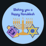 Adesivo Redondo Happy Hanukkah Sticker<br><div class="desc">"Desejo-te um Hanukkah feliz". Vinhetas com um sonho,  menorah e estrela de David em cores brilhantes.</div>