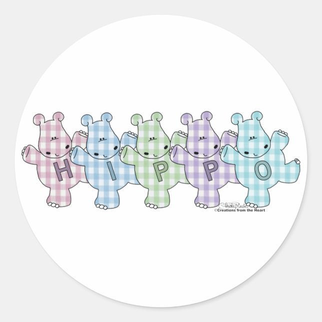 Adesivo Redondo Happy Hippos pastel gingham (Frente)
