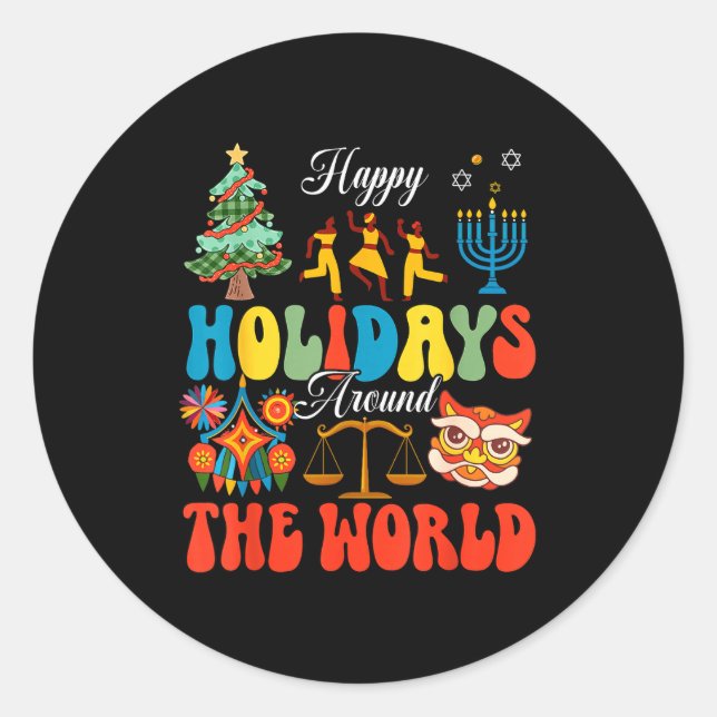 Adesivo Redondo Happy Holidays Around World Christmas Hanukkah Diw (Frente)