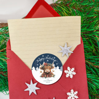 Adesivo Redondo Happy Holidays Business Festive Highland Cow