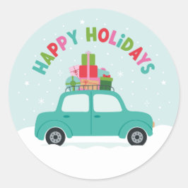 Adesivo Redondo Happy Holidays Car with Gifts in Aqua Blue