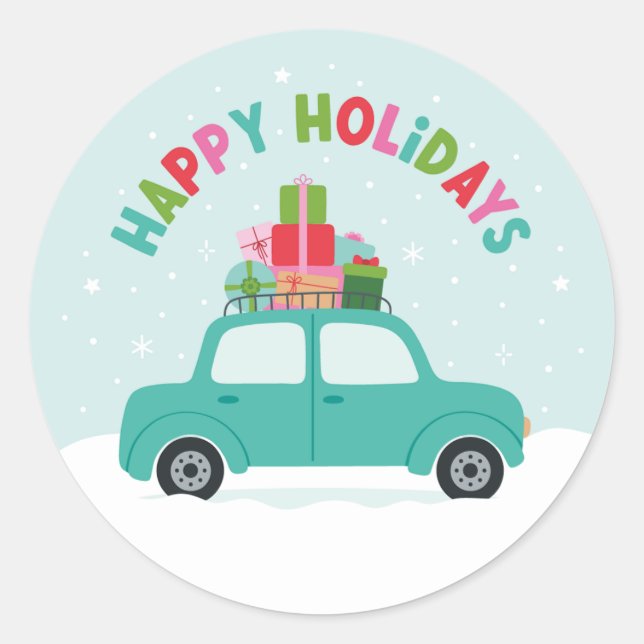 Adesivo Redondo Happy Holidays Car with Gifts in Aqua Blue (Frente)