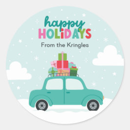 Adesivo Redondo Happy Holidays Car with Gifts in Pastel Turquoise