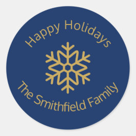 Adesivo Redondo Happy Holidays Elegant Navy Gold Snowflake Custom 