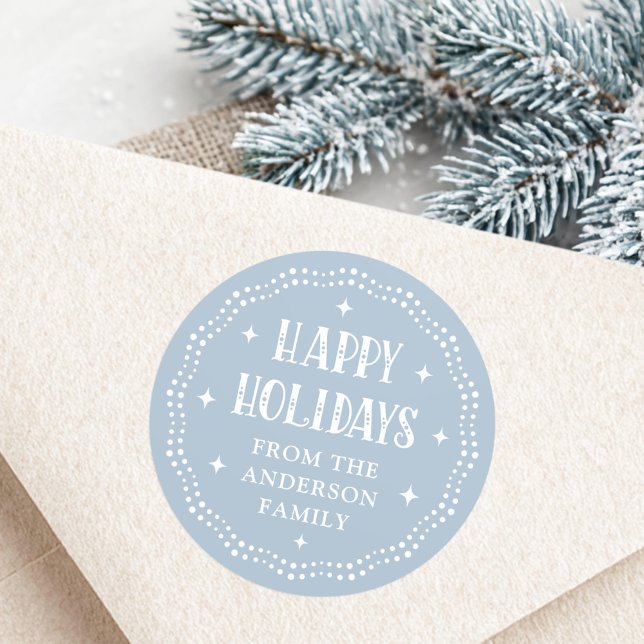 Adesivo Redondo Happy Holidays festive font dot border light blue (Happy Holidays festive font dot border light blue Classic Round Sticker)