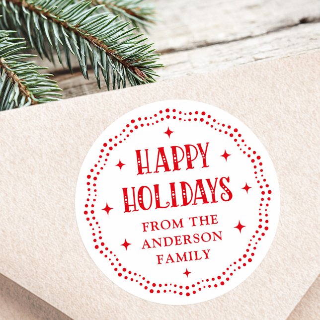 Adesivo Redondo Happy Holidays festive font dot border red white (Happy Holidays festive font dot border red white Classic Round Sticker)