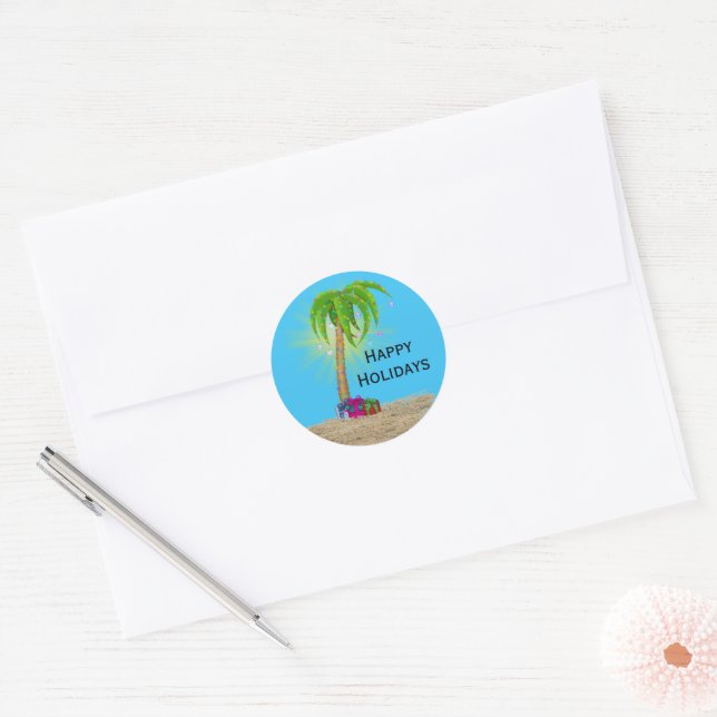 Adesivo Redondo Happy Holidays Palm Tree in Sand  (Envelope)