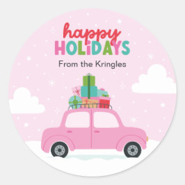 Adesivo Redondo Happy Holidays Pink Car with Gifts in Pastel Pink