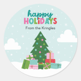 Adesivo Redondo Happy Holidays Tree with Gifts in Aqua Blue