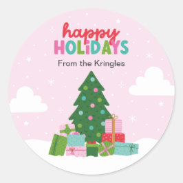 Adesivo Redondo Happy Holidays Tree with Gifts in Pastel Pink