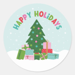 Adesivo Redondo Happy Holidays Tree with Xmas Gifts in Aqua Blue