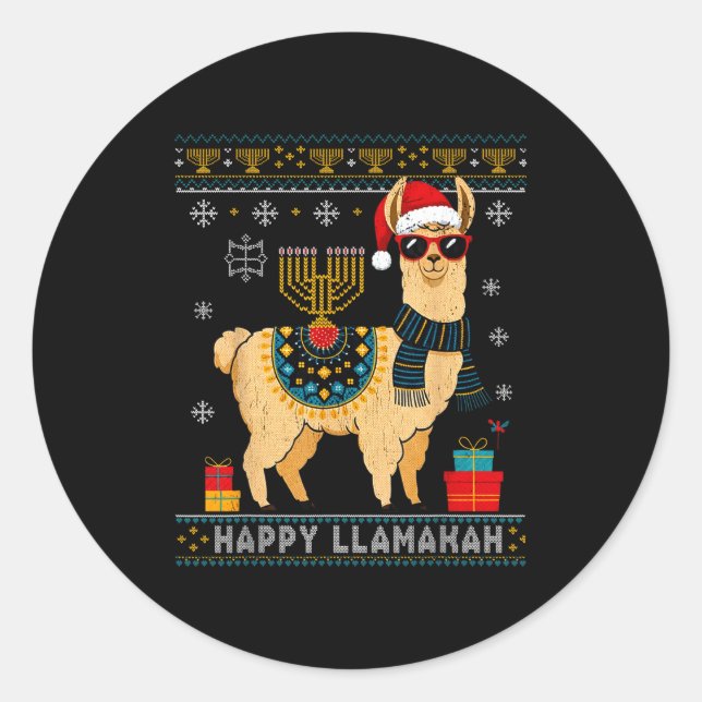 Adesivo Redondo Happy Llamakah Funny Ugly Hanukkah Sweater Llama P (Frente)