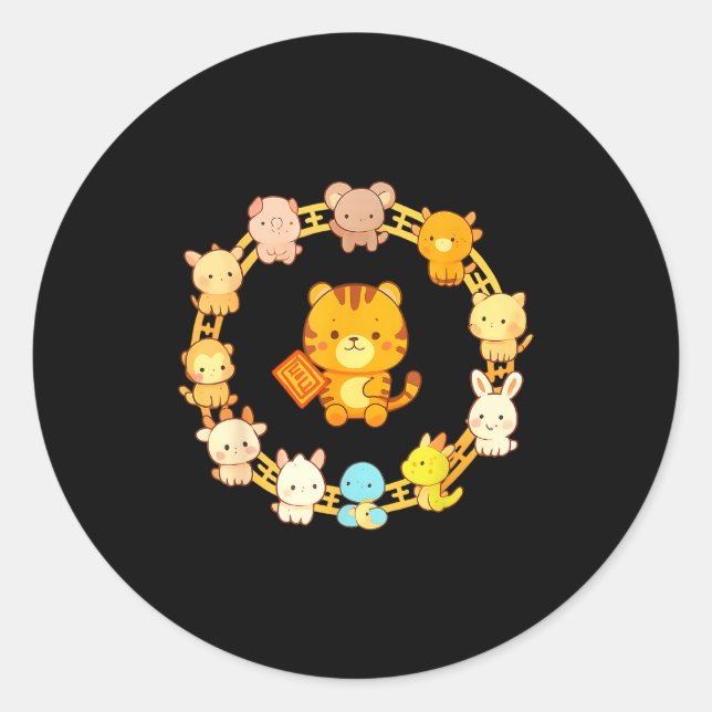 Adesivo Redondo Happy Lunar New Year Animals 12 Chinese Zodiac Sig (Frente)