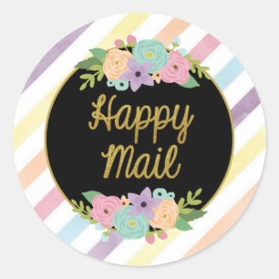 Adesivo Redondo Happy Mail Sticker - listras de ouro pastel