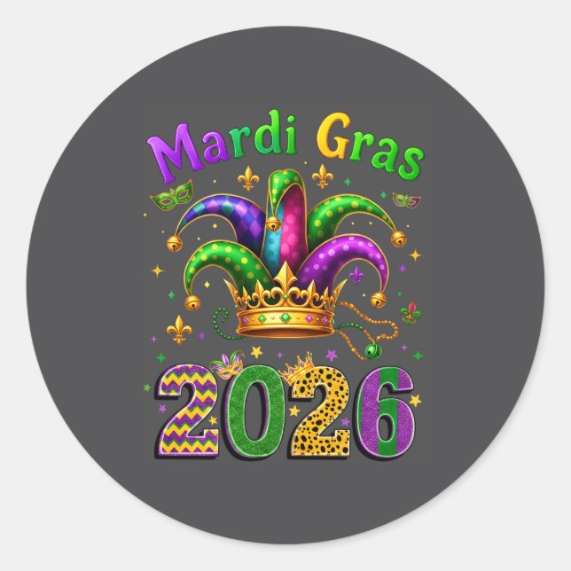 Adesivo Redondo Happy Mardi Gras 2026 Jester Hat Men Women Kid Car (Frente)