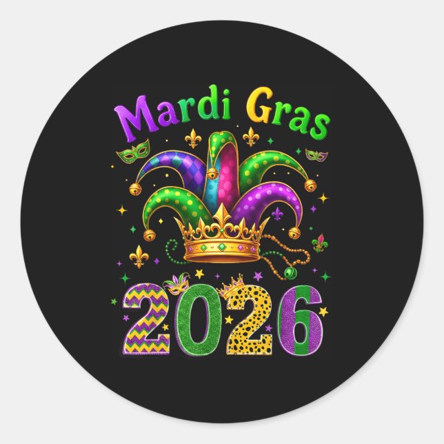 Adesivo Redondo Happy Mardi Gras 2026 Jester Hat Men Women Kid Car (Frente)