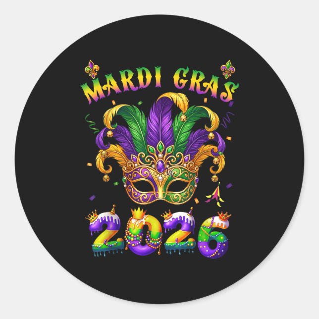 Adesivo Redondo Happy Mardi Gras 2026 Jester Hat New Orleans Men W (Frente)