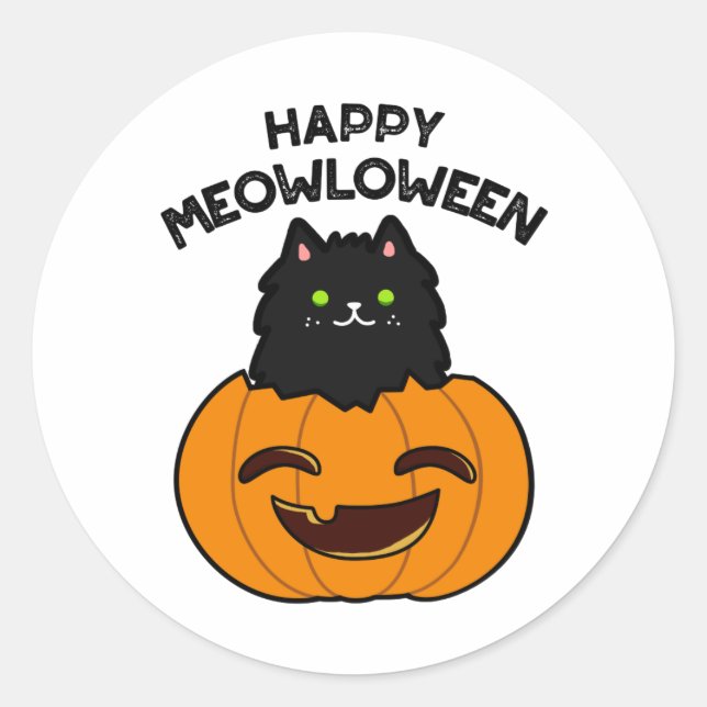 Adesivo Redondo Happy Meowloween Dia de as Bruxas engraçado Pun (Frente)