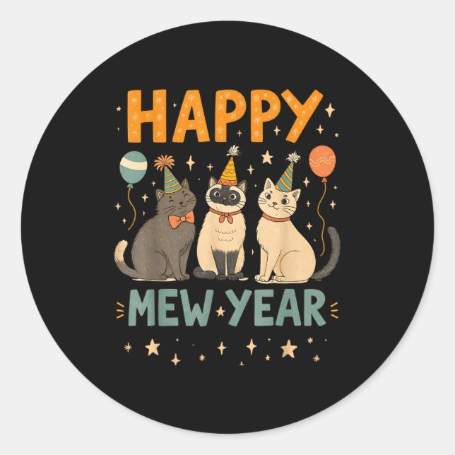 Adesivo Redondo Happy Mew Year Cat Party  (Frente)