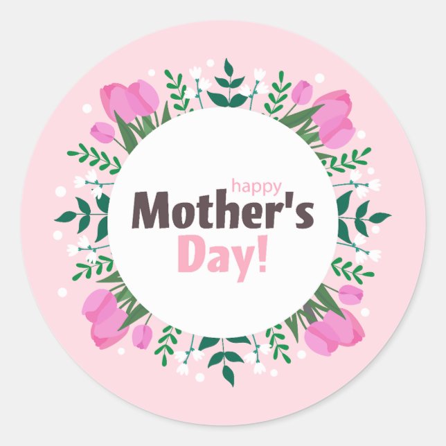 Adesivo Redondo Happy Mother's Day Pink Tulips  (Frente)