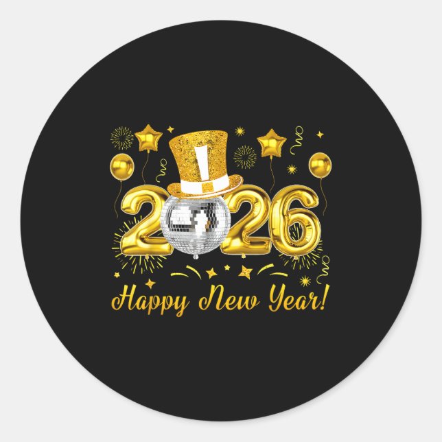 Adesivo Redondo Happy New Year 2026 Countdown Party Balloons Firew (Frente)