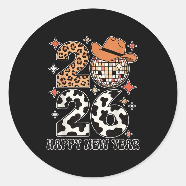 Adesivo Redondo Happy New Year 2026 Cowgirl Disco Ball Western Leo (Frente)