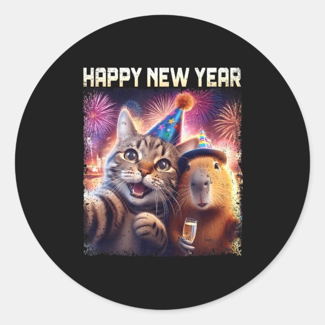 Adesivo Redondo Happy New Year 2026 Cute Cat Capybara Party Art  (Frente)
