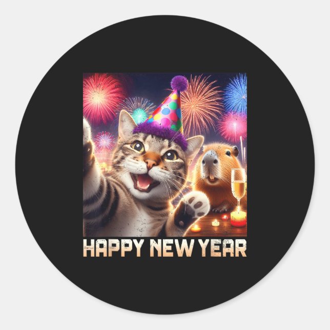 Adesivo Redondo Happy New Year 2026 Cute Cat Capybara Party Art  (Frente)