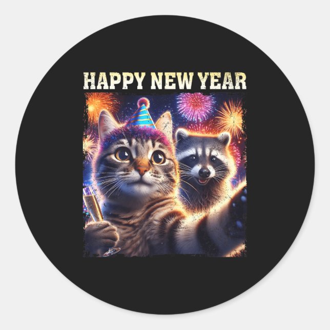Adesivo Redondo Happy New Year 2026 Cute Cat Raccoon Celebration  (Frente)