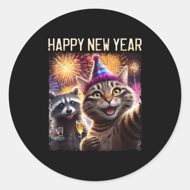 Adesivo Redondo Happy New Year 2026 Cute Cat Raccoon Celebration  (Frente)