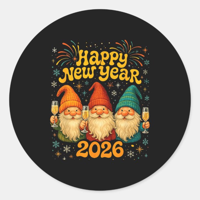 Adesivo Redondo Happy New Year 2026 Cute Gnome Party Gift  (Frente)