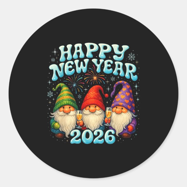Adesivo Redondo Happy New Year 2026 Cute Gnome Party Gift  (Frente)