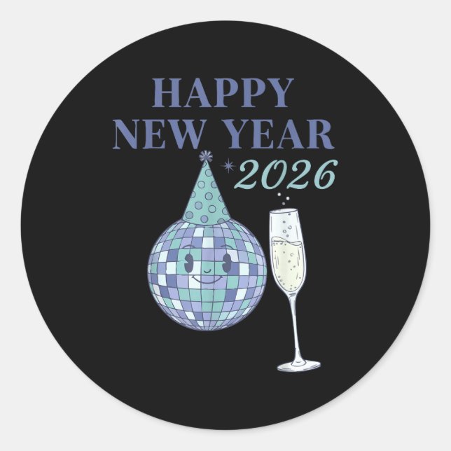 Adesivo Redondo Happy New Year 2026 Disco Ball Celebration  (Frente)