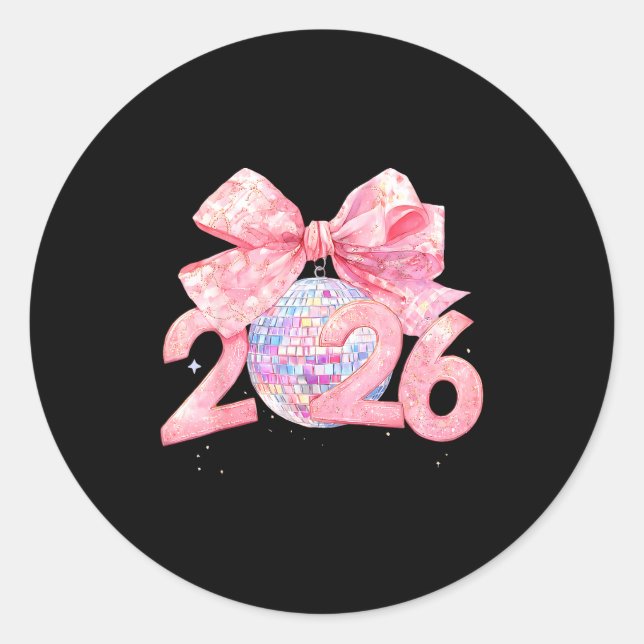 Adesivo Redondo Happy New Year 2026 Disco Ball Nk Coquette Bow Fam (Frente)