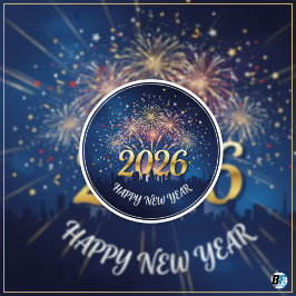 Adesivo Redondo Happy New Year 2026 Fireworks City Skyline 