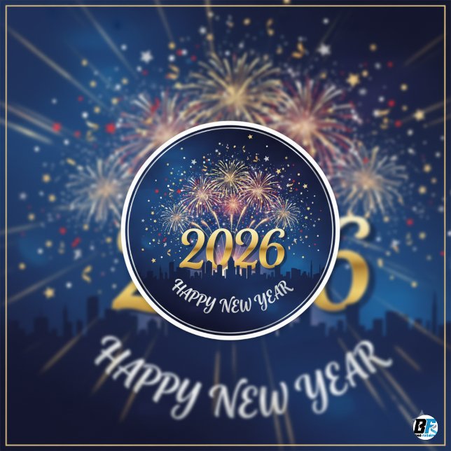 Adesivo Redondo Happy New Year 2026 Fireworks City Skyline  (Criador carregado)