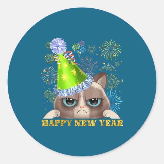 Adesivo Redondo Happy New Year 2026 Funny Cat New Year's Eve Hat G (Frente)