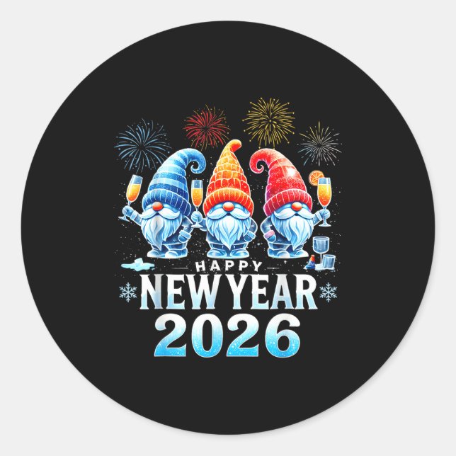 Adesivo Redondo Happy New Year 2026 Gnomes Family Party New Years  (Frente)