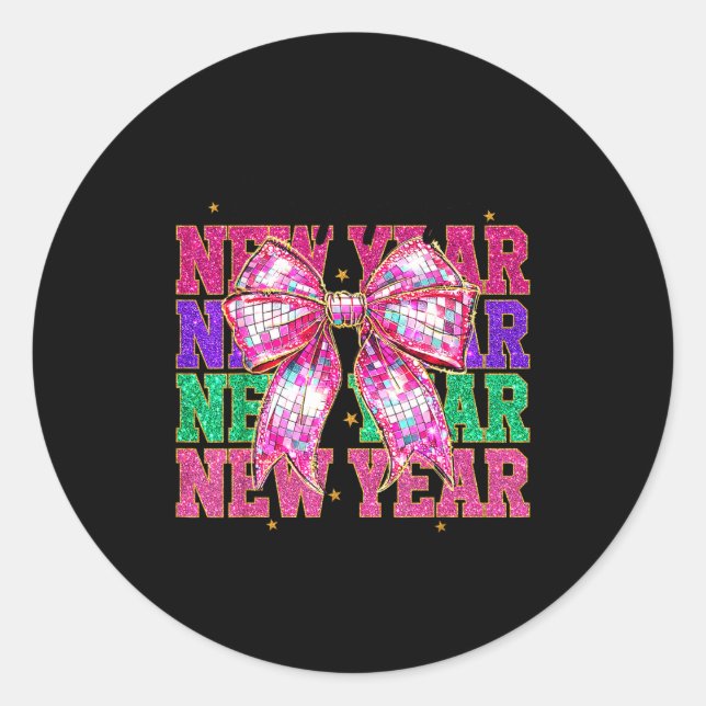 Adesivo Redondo Happy New Year 2026 Nk Coquette Bow Disco Ball Cou (Frente)