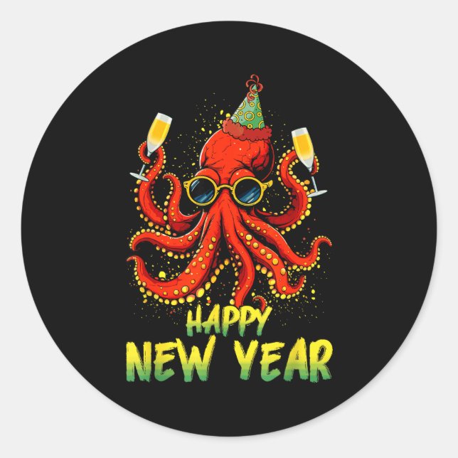Adesivo Redondo Happy New Year 2026 Octopus Drinking Champagne New (Frente)