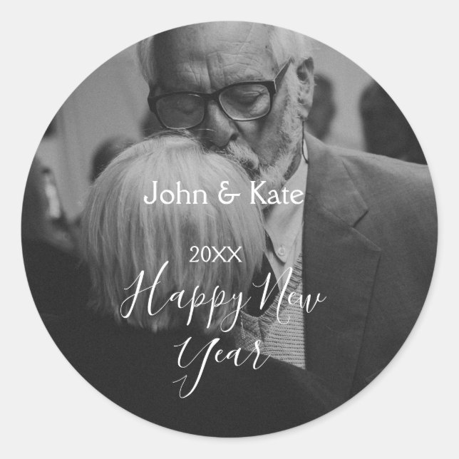 Adesivo Redondo Happy new year couple photo name year black white  (Frente)
